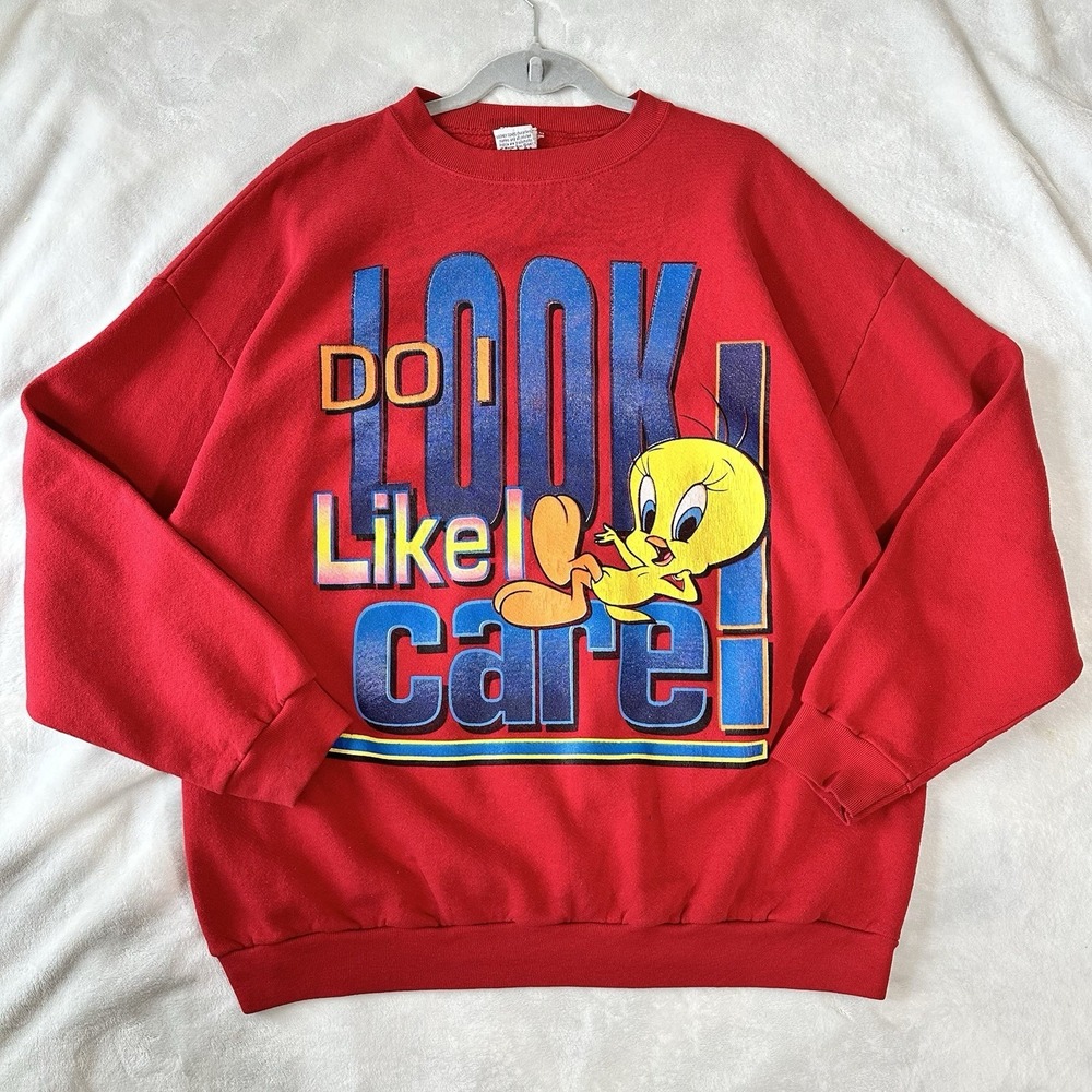 Vintage 1997 Looney Tunes Tweety Bird Do I Look Like I Care Red Sweater Large